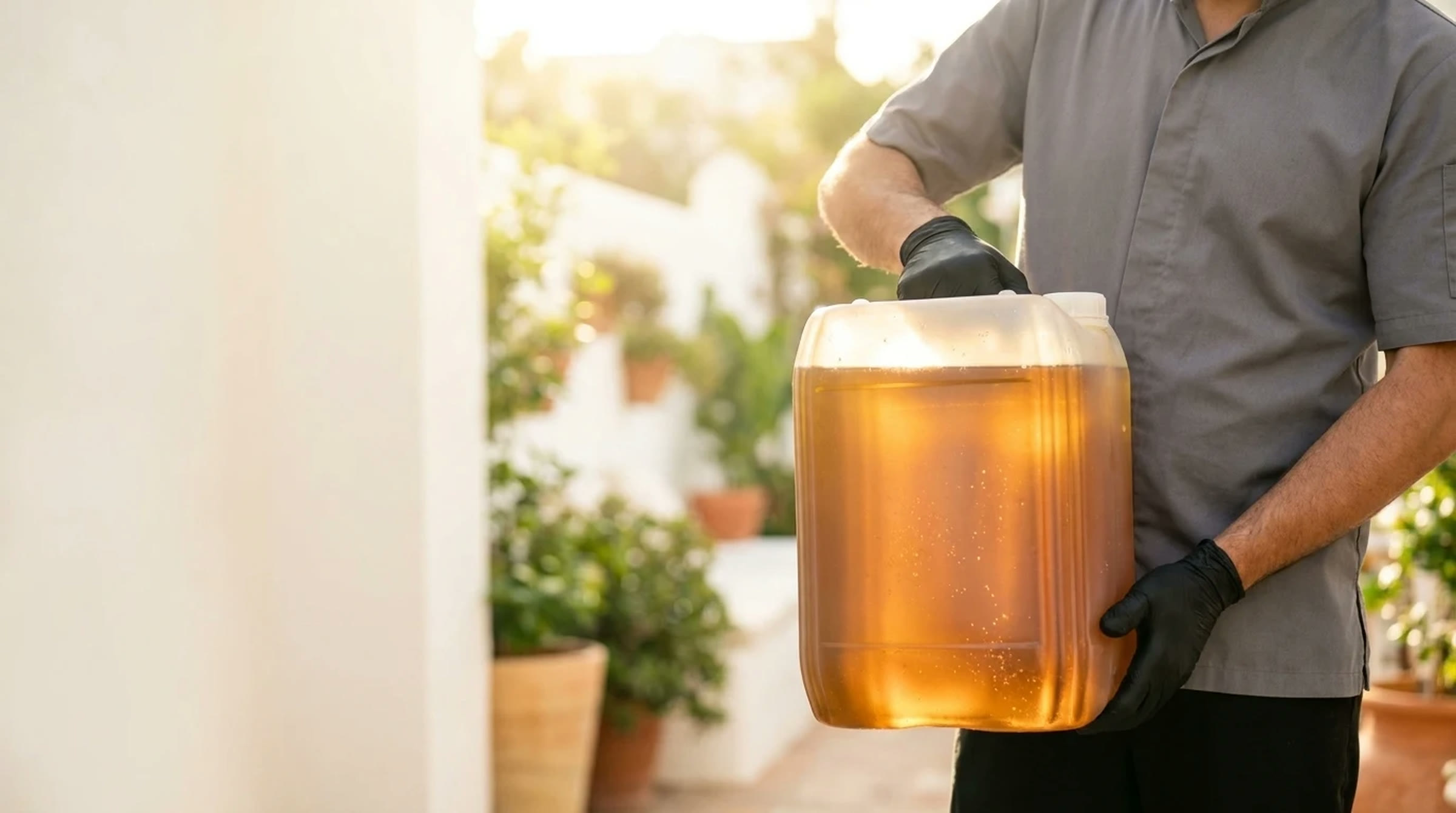 Recipiente con aceite de cocina usado listo para la recolección