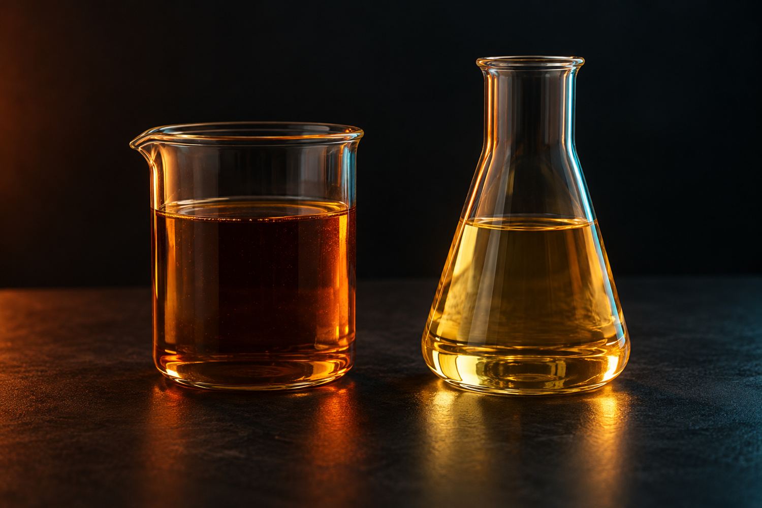 Aceite usado y biodiésel en recipientes de laboratorio